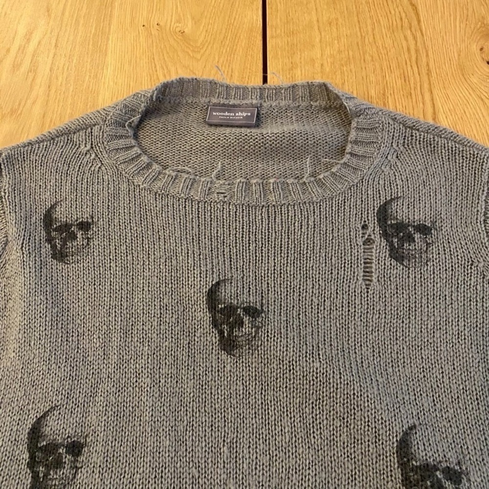 Wooden Ships Womens Gray Skull Print Mohair Wool Blend Pullover Sweater XS/S *